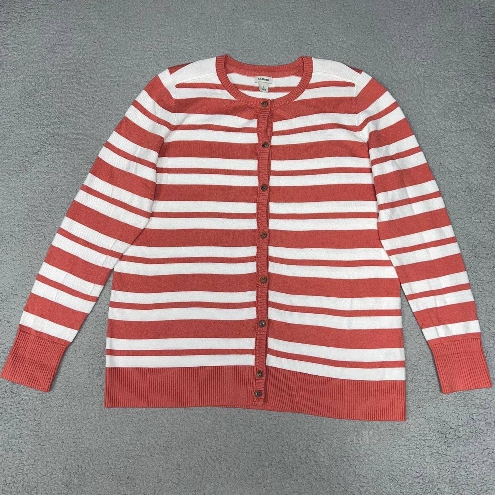LL Bean Sweater Women's Sz L Red White Striped Cashmere Blend Button Up Cardigan